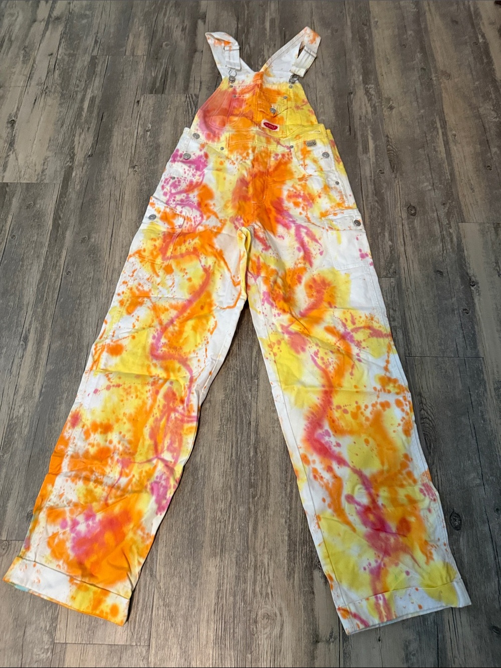 Tie-Dye Cotton Overalls Jumpsuit in Orange, Yellow & Pink